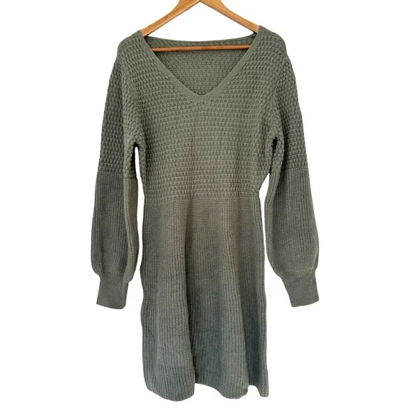 Cupshe Honeycomb Textured Knit Sweater Mini Dress Sage Green L NWT - Picture 2 of 9